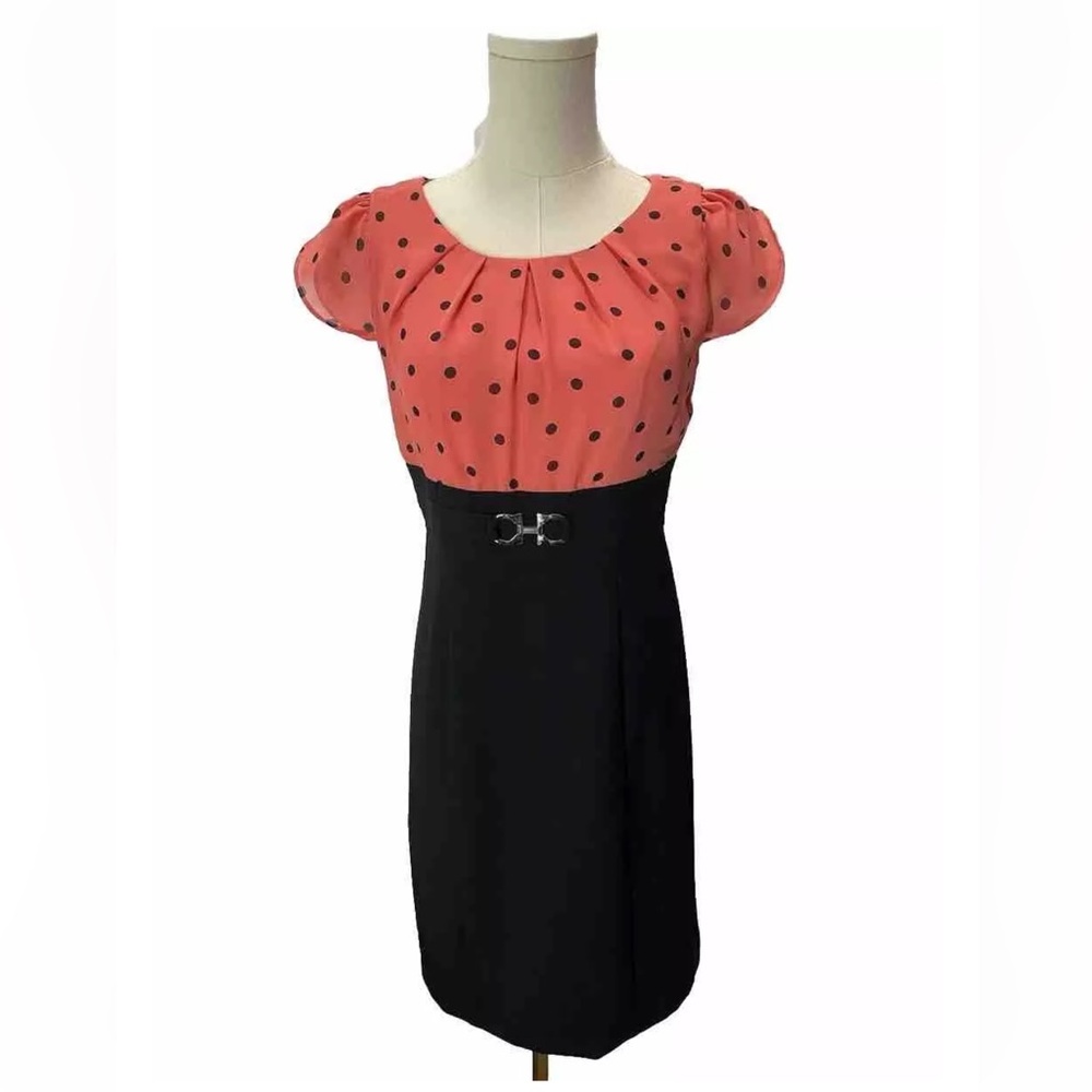 Coral and black dress with polka dot detail, size 4 petite
